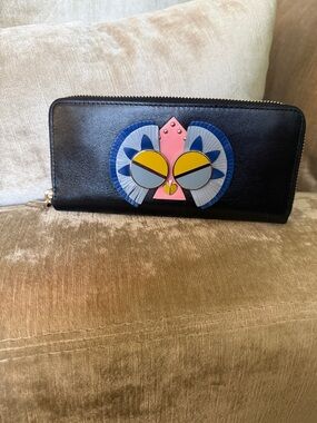 Kate Spade Owl Zip Around Wallet Black Leather Like New